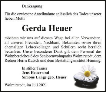 Traueranzeige von Gerda Heuer  von Magdeburger Volksstimme