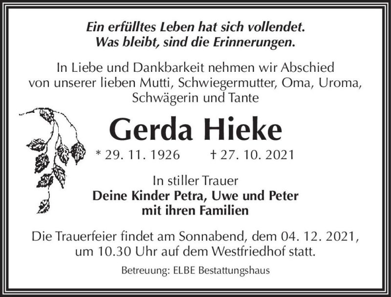  Traueranzeige für Gerda Hieke  vom 27.11.2021 aus Magdeburger Volksstimme