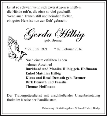Traueranzeige von Gerda Hilbig (geb. Bremer)  von Magdeburger Volksstimme