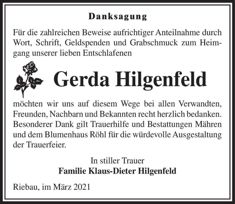  Traueranzeige für Gerda Hilgenfeld  vom 13.03.2021 aus Magdeburger Volksstimme