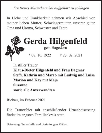 Traueranzeige von Gerda Hilgenfeld (geb. Hilgenfeld)  von Magdeburger Volksstimme