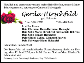 Traueranzeige von Gerda Hirschfeld (geb. Fehrecke)  von Magdeburger Volksstimme