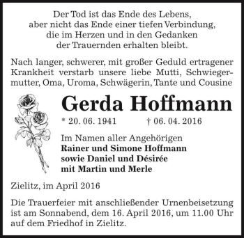 Traueranzeige von Gerda Hoffmann  von Magdeburger Volksstimme