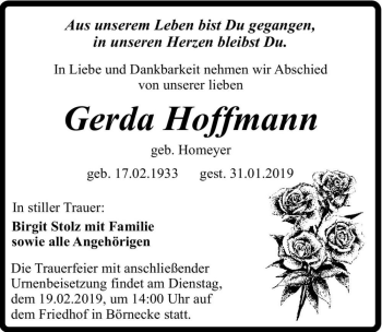 Traueranzeige von Gerda Hoffmann (geb. Homeyer)  von Magdeburger Volksstimme