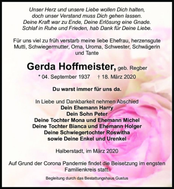 Traueranzeige von Gerda Hoffmeister (geb. Regber)  von Magdeburger Volksstimme
