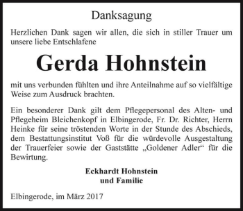Traueranzeige von Gerda Hohnstein  von Magdeburger Volksstimme