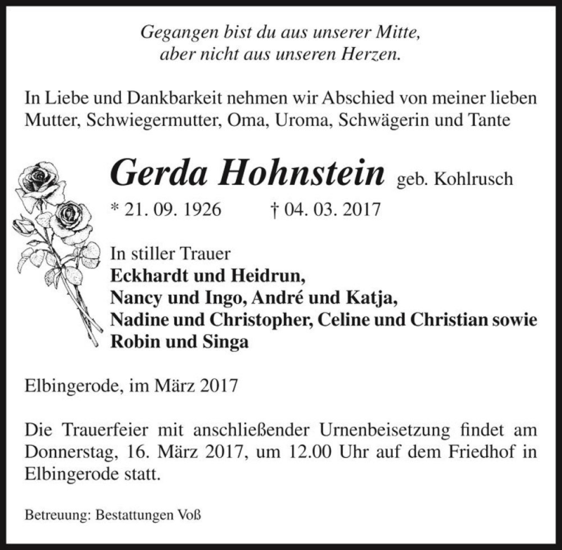  Traueranzeige für Gerda Hohnstein (geb. Kohlrusch)  vom 11.03.2017 aus Magdeburger Volksstimme