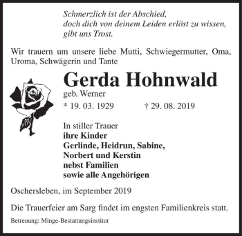 Traueranzeige von Gerda Hohnwald (geb. Werner)  von Magdeburger Volksstimme