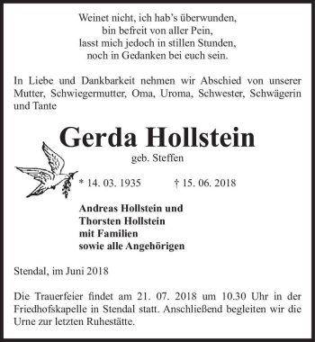 Traueranzeige von Gerda Hollstein (geb. Steffen)  von Magdeburger Volksstimme