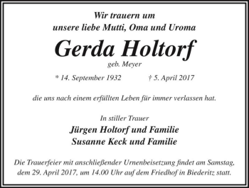 Traueranzeige von Gerda Holtorf (geb. Meyer)  von Magdeburger Volksstimme