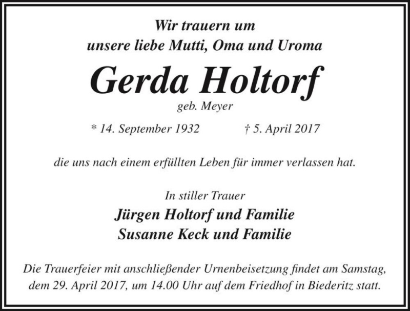  Traueranzeige für Gerda Holtorf (geb. Meyer)  vom 15.04.2017 aus Magdeburger Volksstimme