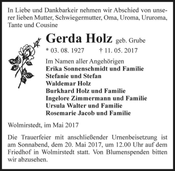 Traueranzeige von Gerda Holz (geb. Grube)  von Magdeburger Volksstimme