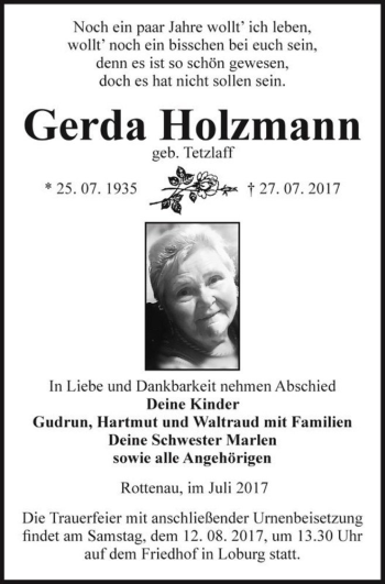 Traueranzeige von Gerda Holzmann (geb. Tetzlaff)  von Magdeburger Volksstimme