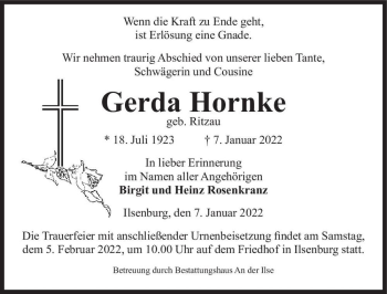 Traueranzeige von Gerda Hornke (geb. Ritzau)  von Magdeburger Volksstimme