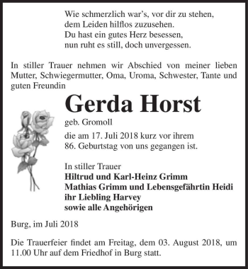 Traueranzeige von Gerda Horst (geb. Gromoll)  von Magdeburger Volksstimme
