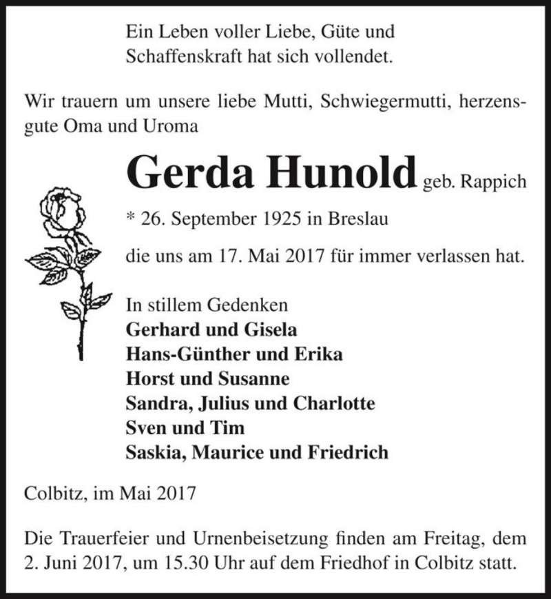  Traueranzeige für Gerda Hunold (geb. Rappich)  vom 27.05.2017 aus Magdeburger Volksstimme
