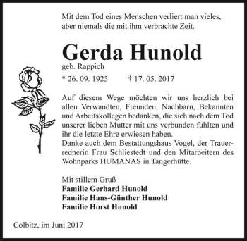 Traueranzeige von Gerda Hunold (geb. Rappich  von Magdeburger Volksstimme