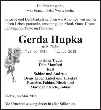 Traueranzeige von Gerda Hupka (geb. Papke)  von Magdeburger Volksstimme