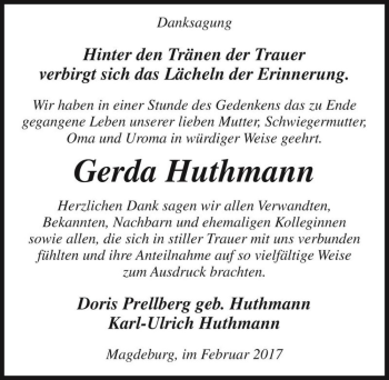 Traueranzeige von Gerda Huthmann  von Magdeburger Volksstimme