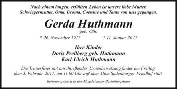 Traueranzeige von Gerda Huthmann (geb. Otto)  von Magdeburger Volksstimme