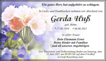 Traueranzeige von Gerda Huß (geb. Böhm)  von Magdeburger Volksstimme
