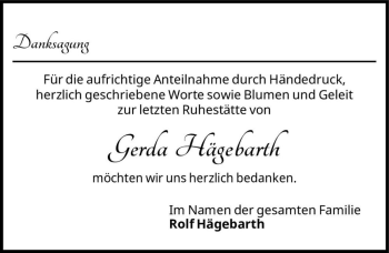Traueranzeige von Gerda Hägebarth  von Magdeburger Volksstimme