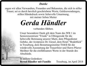 Traueranzeige von Gerda Händler  von Magdeburger Volksstimme