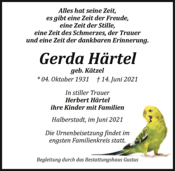 Traueranzeige von Gerda Härtel (geb. Kätzel)  von Magdeburger Volksstimme