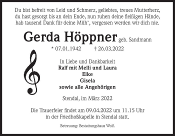 Traueranzeige von Gerda Höppner (geb. Sandmann)  von Magdeburger Volksstimme