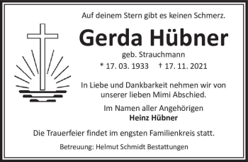 Traueranzeige von Gerda Hübner (geb. Strauchmann)  von Magdeburger Volksstimme