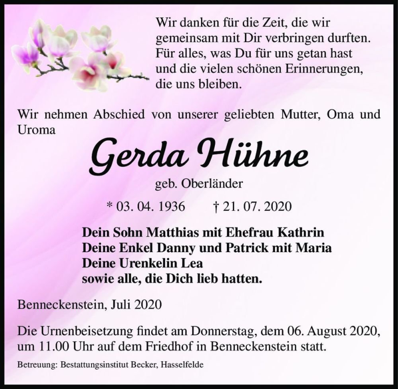  Traueranzeige für Gerda Hühne (geb. Oberländer)  vom 01.08.2020 aus Magdeburger Volksstimme