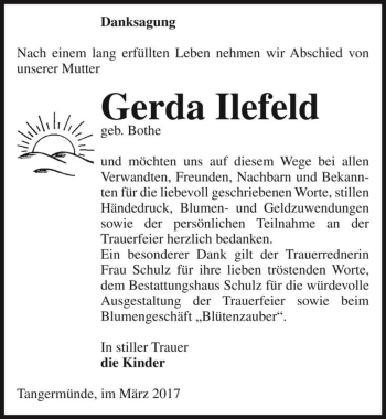 Traueranzeige von Gerda Ilefeld (geb. Bothe)  von Magdeburger Volksstimme