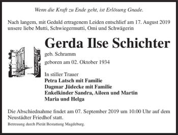 Traueranzeige von Gerda Ilse Schichter (geb. Schramm)  von Magdeburger Volksstimme