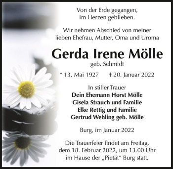 Traueranzeige von Gerda Irene Mölle (geb. Schmidt)  von Magdeburger Volksstimme