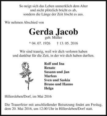 Traueranzeige von Gerda Jacob (geb. Müller)  von Magdeburger Volksstimme