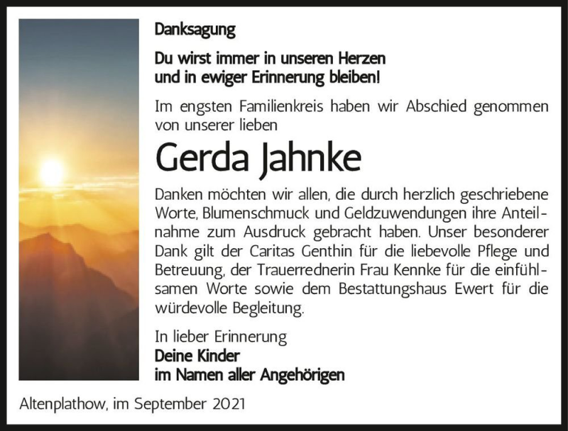  Traueranzeige für Gerda Jahnke  vom 11.09.2021 aus Magdeburger Volksstimme
