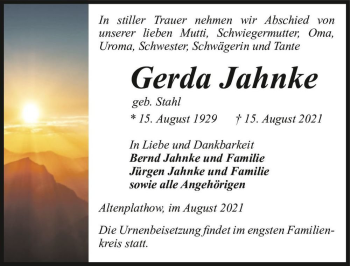 Traueranzeige von Gerda Jahnke (geb. Stahl)  von Magdeburger Volksstimme