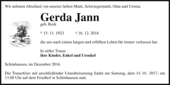 Traueranzeige von Gerda Jann (geb. Bork)  von Magdeburger Volksstimme
