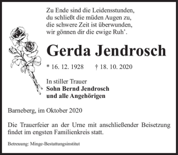 Traueranzeige von Gerda Jendrosch  von Magdeburger Volksstimme
