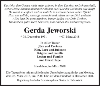 Traueranzeige von Gerda Jeworski  von Magdeburger Volksstimme