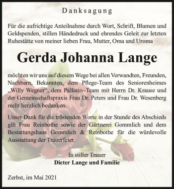 Traueranzeige von Gerda Johanna Lange  von Magdeburger Volksstimme