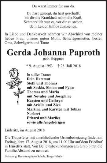 Traueranzeige von Gerda Johanna Paproth (geb. Heppner)  von Magdeburger Volksstimme