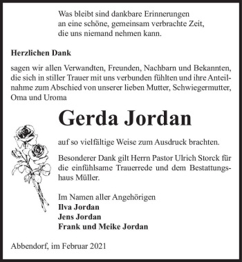 Traueranzeige von Gerda Jordan  von Magdeburger Volksstimme