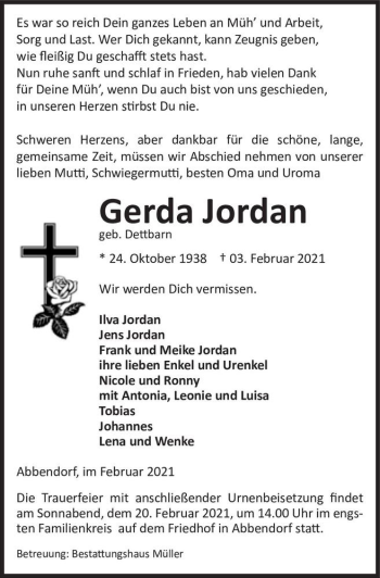 Traueranzeige von Gerda Jordan (geb. Dettbarn)  von Magdeburger Volksstimme