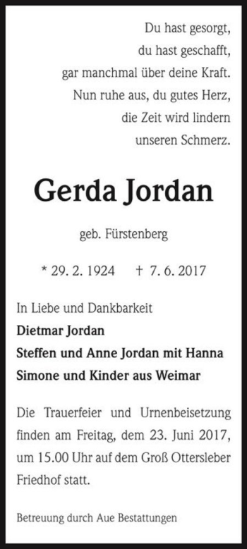 Traueranzeige von Gerda Jordan (geb. Fürstenberg)  von Magdeburger Volksstimme