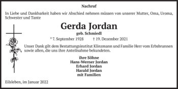 Traueranzeige von Gerda Jordan (geb. Schmiedl)  von Magdeburger Volksstimme