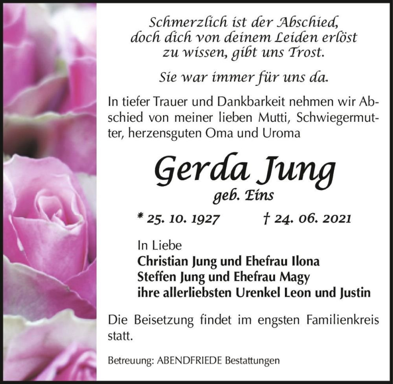  Traueranzeige für Gerda Jung (geb. Eins)  vom 29.06.2021 aus Magdeburger Volksstimme