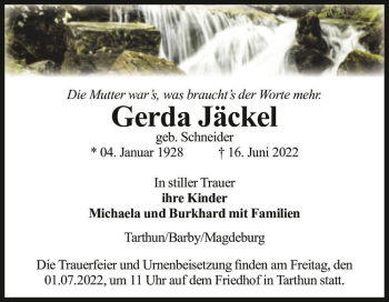 Traueranzeige von Gerda Jäckel (geb. Schneider)  von Magdeburger Volksstimme