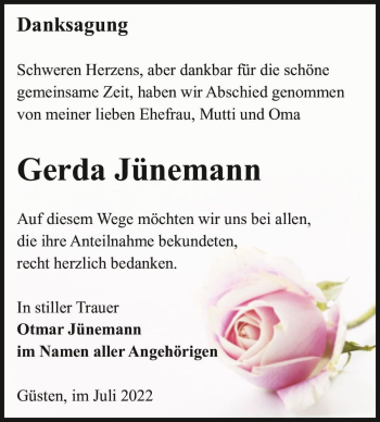 Traueranzeige von Gerda Jünemann  von Magdeburger Volksstimme