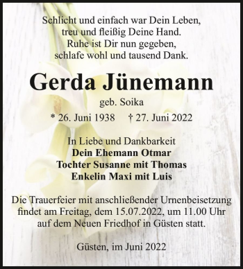 Traueranzeige von Gerda Jünemann (geb. Soika)  von Magdeburger Volksstimme